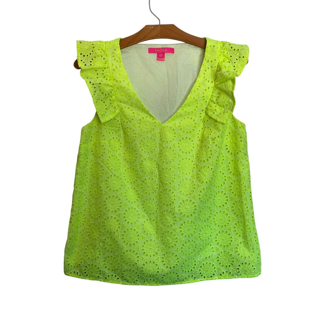 Lilly Pulitzer Lina Eyelet Top Prickly Pear Yellow Neon Geo Sleeveless V-Neck S